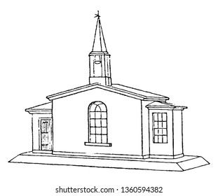 This representation if a design in which the glass windows is restored the height of the principal one is increased and the roof is altered by adding a summit a turret and a bell vintage line drawing 