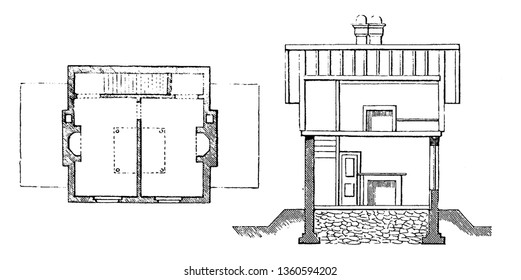 This is a representation of the design X. The front elevation arrangement accommodation is represented vintage line drawing or engraving illustration.