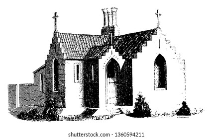 This is a representation of the design XI which is a dwelling for a man wife and one or two children with cow house and pigsty vintage line drawing or engraving illustration.