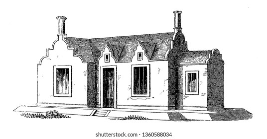Esta es la representación del diseño XLIV que es una casa de campo de tres habitaciones y una cocina trasera en la planta baja con otras comodidades de la línea vintage dibujo o ilustración de grabado.
