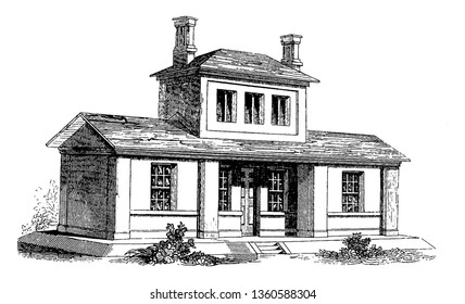 Esta es la representación del diseño XLVI. Se trata de una casa de campo con cuatro habitaciones en el sótano de la cocina y otras comodidades de dibujo o ilustración de la vintage.