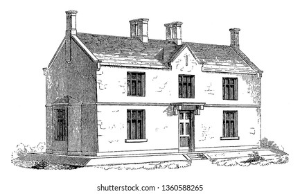 This is the representation of the design XLVIII. It is a dwelling with four rooms with a back kitchen and other conveniences vintage line drawing or engraving illustration.