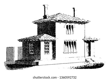 This is a representation of the design XV which is a dwelling for a man and his wife without children. It is a small cottage with all conveniences vintage line drawing or engraving illustration.