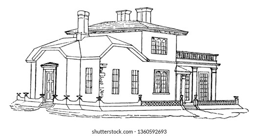 This is a representation of a design XVI. The elevation is shown with the dining rooms added but not the drawing room. The flat roof is also shown vintage line drawing or engraving illustration.