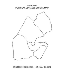 This representation details the political boundaries of Djibouti. The maps editable stroke format allows for customization and detailed analysis of the regions divisions and layout.