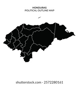 This representation displays the outline of Honduras, illustrating various political divisions. The map emphasizes borders between different regions within the country.