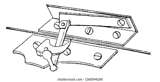 This is a representation of a double hung with iron weights and brass pulleys with brass spring fastenings vintage line drawing or engraving illustration.