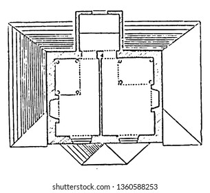 This is the representation of the dwelling accommodation of design XLIX. The ground floor consist of outer kitchen which serves as kitchen lobby pantry stair etc vintage line drawing or engraving