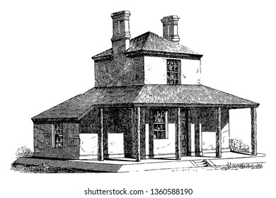 This is the representation of the dwelling design LVI which is a cottage with four rooms and other convinces with a large rustic portico vintage line drawing or engraving illustration.