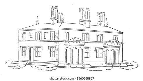 This is the representation of the dwelling design showing the Gothic chimney pots that were added to the chimney tops to make them more ornamental.