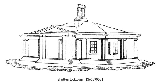 This is a representation of a dwelling showing the plain capitals with simple architecture vintage line drawing or engraving illustration.
