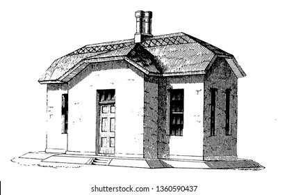 Dies ist eine Repräsentation eines Wohnsitzes XVI, das eine Wohnung für einen Mann und seine Frau ist. Es hat zwei Schornsteine und Eingang mit hohen Wänden Vintage-Linie Zeichnung oder Gravitation Illustration.