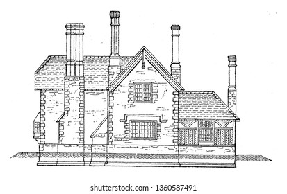 This is the representation of the elevation of the design LXIX in which the roof is covered with tiles having barge boards against the west gable vintage line drawing or engraving illustration.
