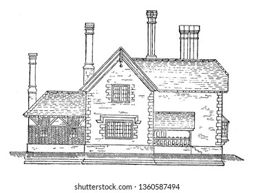 This is the representation of the elevation of the design LXIX in which the roof is covered with tiles having barge boards against the west gable and east gable vintage line drawing or engraving