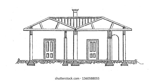 This is the representation of the elevation of the design LXVI. The entrance roof door way is mainly shown vintage line drawing or engraving illustration.