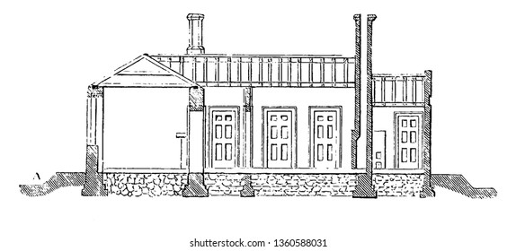 This is the representation of the elevation of the design XLIV. The entrance roof parapet is shown vintage line drawing or engraving illustration.