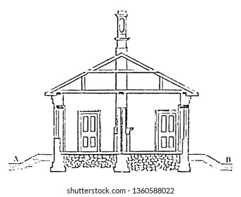 This is the representation of the elevation of the design XLV which is a dwelling of four rooms with back kitchen and other convinces vintage line drawing or engraving illustration.