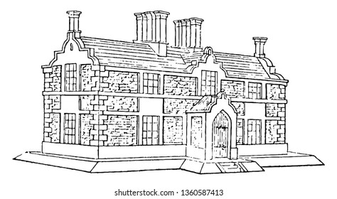 This is the representation of the elevation of the dwelling showing the alterations made like a porch is added showing a improved scotch style of Scottish house for a tradesman vintage line drawing