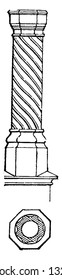 This is the representation of the elevation of the four different patterns of the chimney shaft below which are the plan, vintage line drawing or engraving illustration.