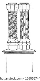 This is the representation of the elevation of the scale of three eights of an inch to a foot of chimney tops formed of Austin' art vectorificial stone vintage line drawing or engraving illustration.