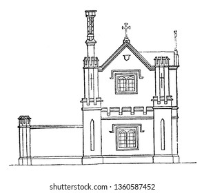 This is the representation of the elevation of the south east end of the design LXXI vintage line drawing or engraving illustration.