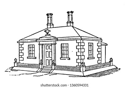 This is a representation of the expression of the design showing the addition of the porch a parapet to the terrace and a vase over the porch to bring those on the parapet and the chimney pots