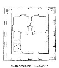 This is a representation of the expression of the design XIV. The arrangement of rooms kitchen walls etc. is shown vintage line drawing or engraving illustration.