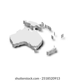 This representation features a blank political map illustrating the continents of Australia and Oceania in a grey 3D silhouette style, highlighting geographical outlines without labels.