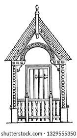 This is the representation of the front view of the entrance porch. The commencement of arch corresponds with the same letter, vintage line drawing or engraving illustration.