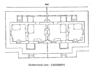 This is the representation of the ground plan of the design LXIII. The kitchen porch pantry fuel room etc. is shown vintage line drawing or engraving illustration.