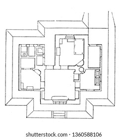 This is the representation of the ground plan of the design LXI. The kitchen living room bed room pantry closet dairy fuel house cow house is marked vintage line drawing or engraving illustration.