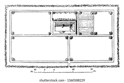 This is the representation of the ground plan of the design LI. The walls rooms floor is shown vintage line drawing or engraving illustration.