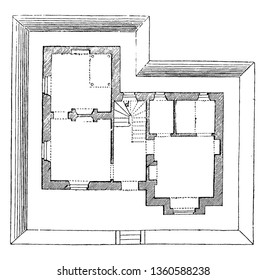 This is the representation of the ground plan of the design L. The walls rooms floor is shown vintage line drawing or engraving illustration.