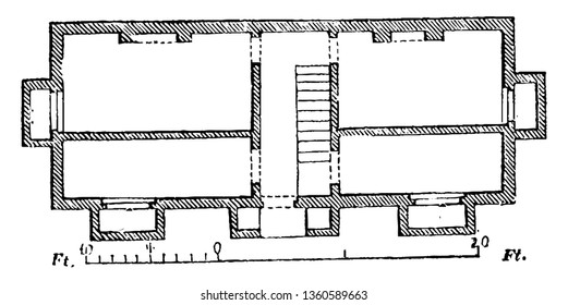 This is the representation of the ground plan of the design XXXII. The construction of walls floor parapet roof is shown vintage line drawing or engraving illustration.