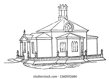 This is a representation of ground plan of the design XX. It has a kitchen bed room dairy etc vintage line drawing or engraving illustration.