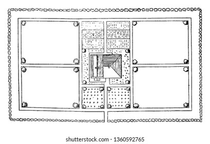 This is a representation of the ground plan design XIII. Its construction arrangement of rooms walls etc. is shown vintage line drawing or engraving illustration.