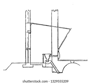 This is a representation of a lever valve which must be operated every time when the door is either open or shut. There are various methods to construct it, vintage line art engraving illustration.
