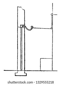 This is a representation of a lever which would be acted every time the door was open, vintage line drawing or engraving illustration.