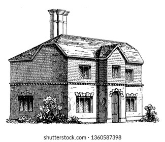 This is the representation of the LXXIV which is a design for a cottage dwelling in the old English style and of a construction suitable for having a part vector of the walls covered with weather