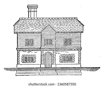 This is the representation of a one story dwelling made up of stone bricks with a chimney above the roof vintage line drawing or engraving illustration.