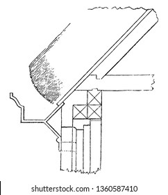 This is the representation of the roof which is thatched and without guttering. In case it should be of wood or cast iron with an exterior molding vintage line drawing or engraving illustration.