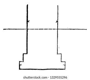 This is the representation of the section showing the footings of the wall, and their dept. under the original surface line, of the ground where they are built, vintage line drawing illustration.