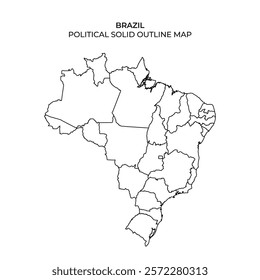 This representation showcases the political outline of Brazil, marking its distinct regions and borders. The map highlights the country’s geographical divisions in a clear, solid format.