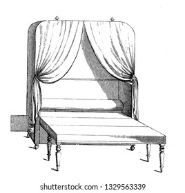 This is the representation showing the bed with mattress and bolster laid in their places and curtains put up, vintage line drawing or engraving illustration.