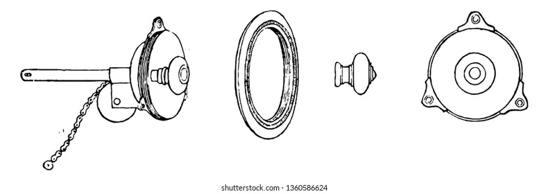 This is the representation showing the bell handle of different part vectors such as a cup containing in the center of the ivory knob by which is pulled the brass chain etc vintage line drawing