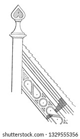 This is the representation showing the bottom part of the gable post and which also serves as a pattern for the pendants from the verge boards, vintage line drawing or engraving illustration.