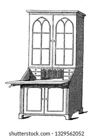 Dies ist die Darstellung eines Büros Buchkästen im gotischen Stil. Der Schreibtisch wird gebildet, indem man die Schublade herauszieht und die Vorderseite aussäen lässt. Es hat eine fallende Tafel oder eine Klappe, Vintage.