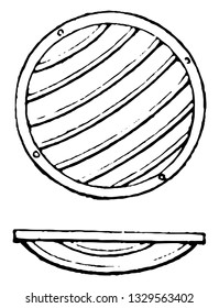 This is the representation showing a cast iron bulls eye rack, two feet high and half in diameter, vintage line drawing or engraving illustration.