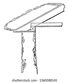This is the representation showing the columns which support the portico are of native larch fir  with the bark joined on the roof vintage line drawing or engraving illustration.