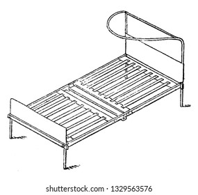 This is the representation showing a common couch bed, made up of iron. It has a back resting piece, vintage line drawing or engraving illustration.